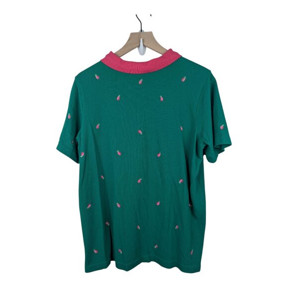 Quacker Factory | Pink Collared Embroidered Pineapple Green Polo | XL - Picture 2 of 11